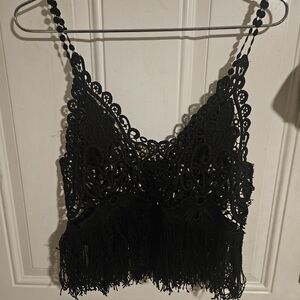 Black Boho Lace Crochet Crop Top Festival Style Small Whimsigoth
